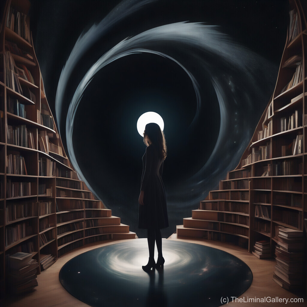 A vast cosmic library suspended in a timeless void, filled with mystery and infinite knowledge.